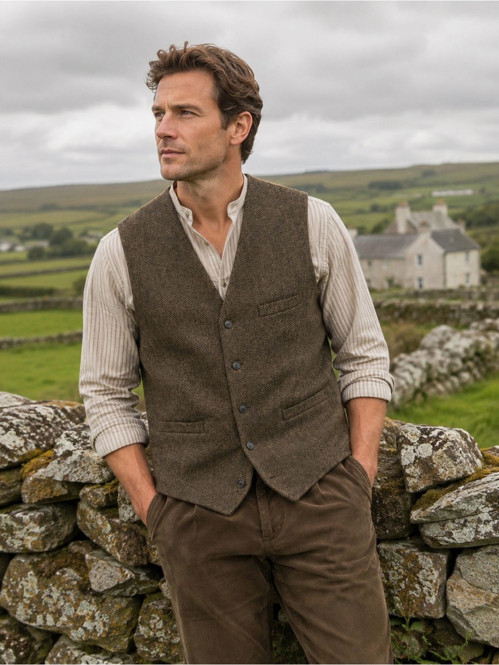 Celtic Ranchwear Irish Herringbone Wool Blend Vest XL Tweed Waistcoat Academia